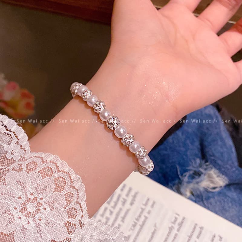 Silver Large Pearl Crystal Bead Stretch Bracelet — front view