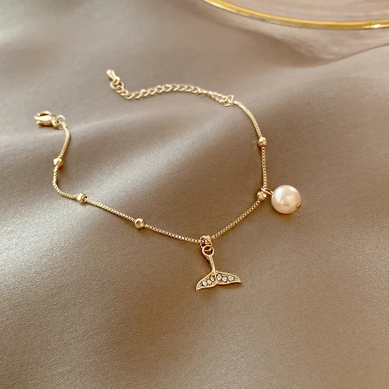 Gold Mermaid Tail Pearl Charm Bracelet — front view