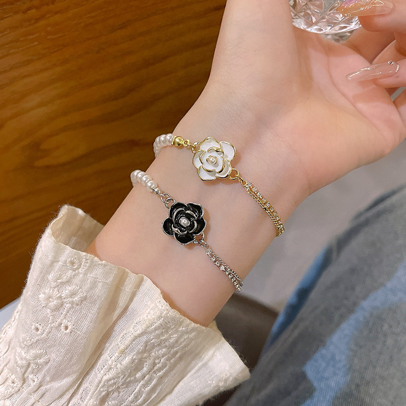 White Camellia Pearl Chain Bracelet