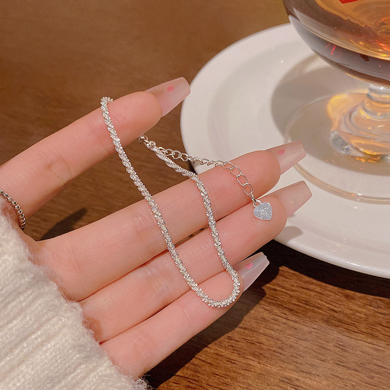 Silver Ripple Textured Heart Tag Chain Bracelet