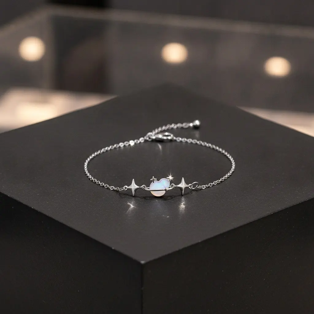 Silver Star Moon Opal Charm Chain Bracelet — view 2