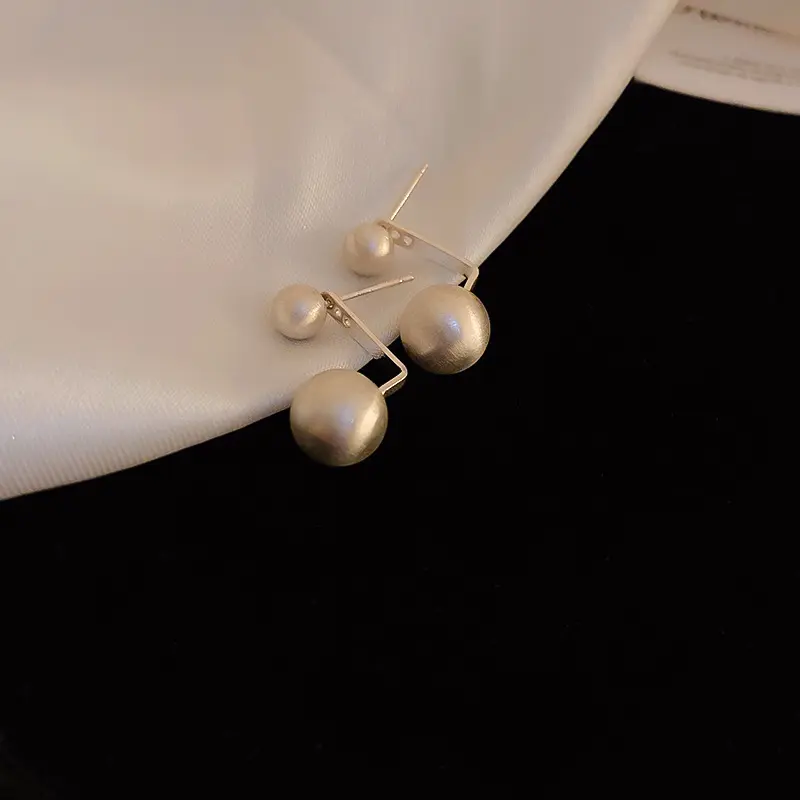 Silver Brushed Double Ball Drop Stud Earring — front view