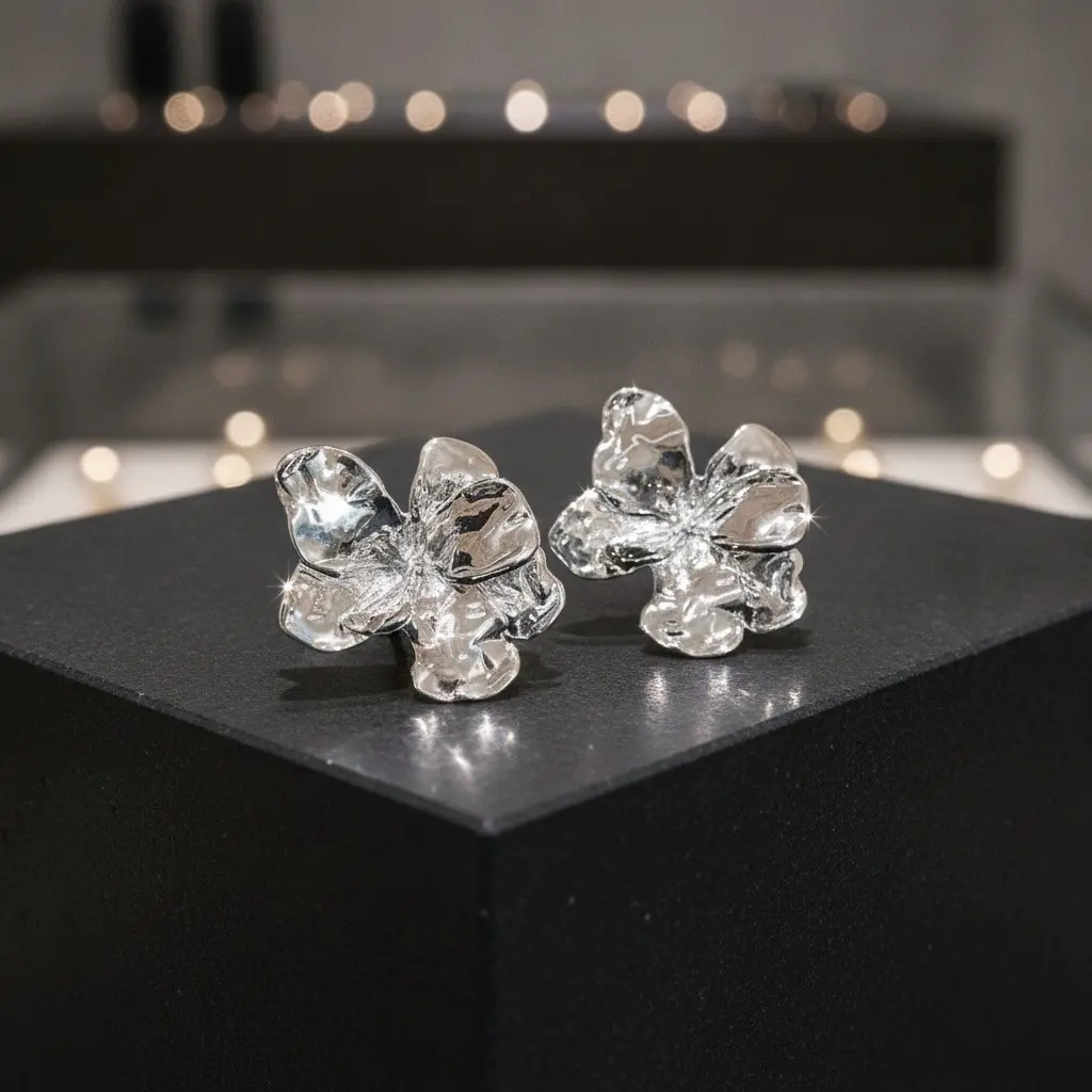 Silver Crumpled Petal Flower Stud Earring — view 2