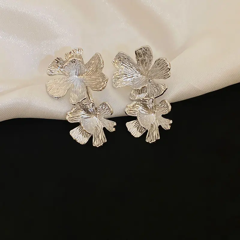 Silver Ribbed Double Blossom Stud Earring — front view