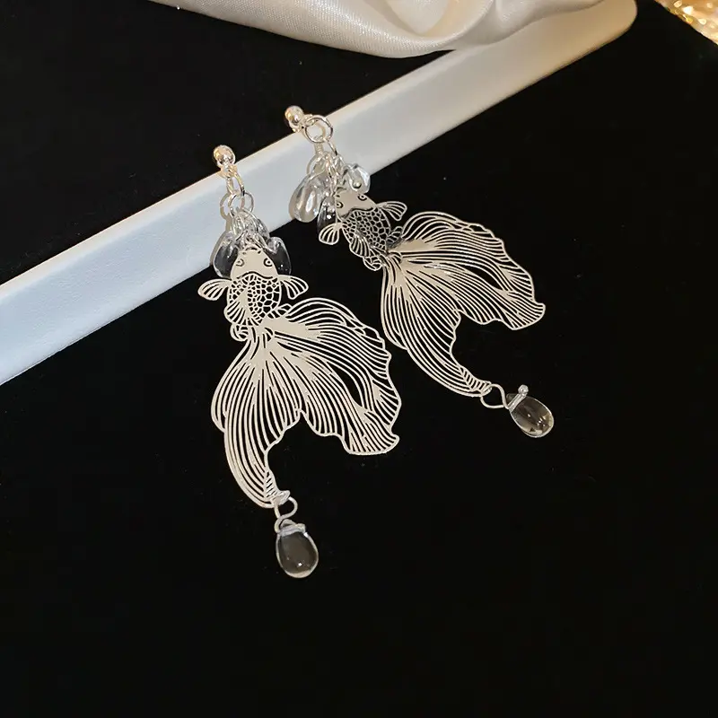 Silver Etched Betta Fish Tassel Stud Earring — front view