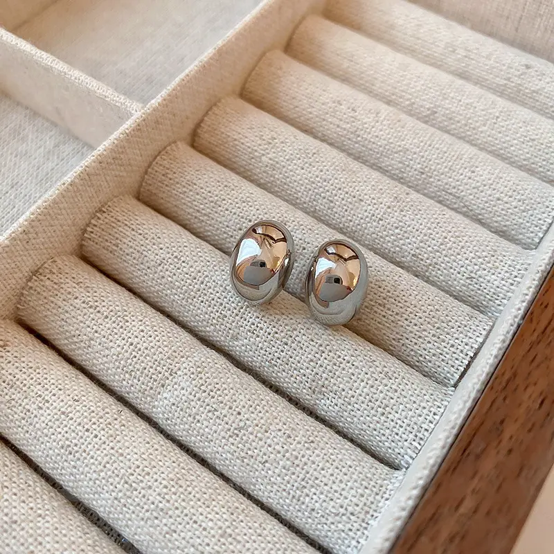 Silver Smooth Oval Bean Stud Earring — front view