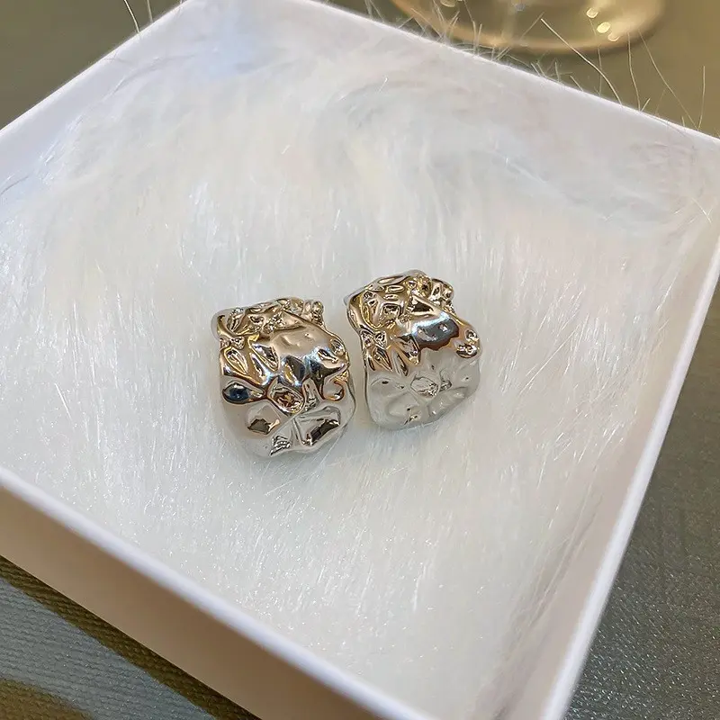 Silver Chunky Molten Square Stud Earring — front view