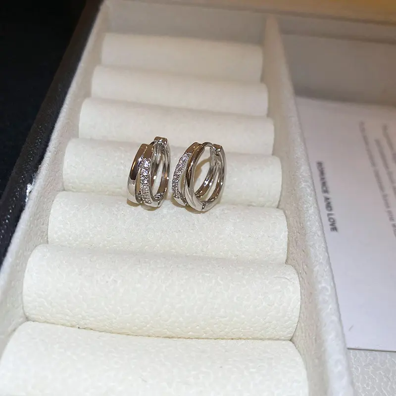 Silver Double-Band Crystal Huggie Clip-on Earring — front view