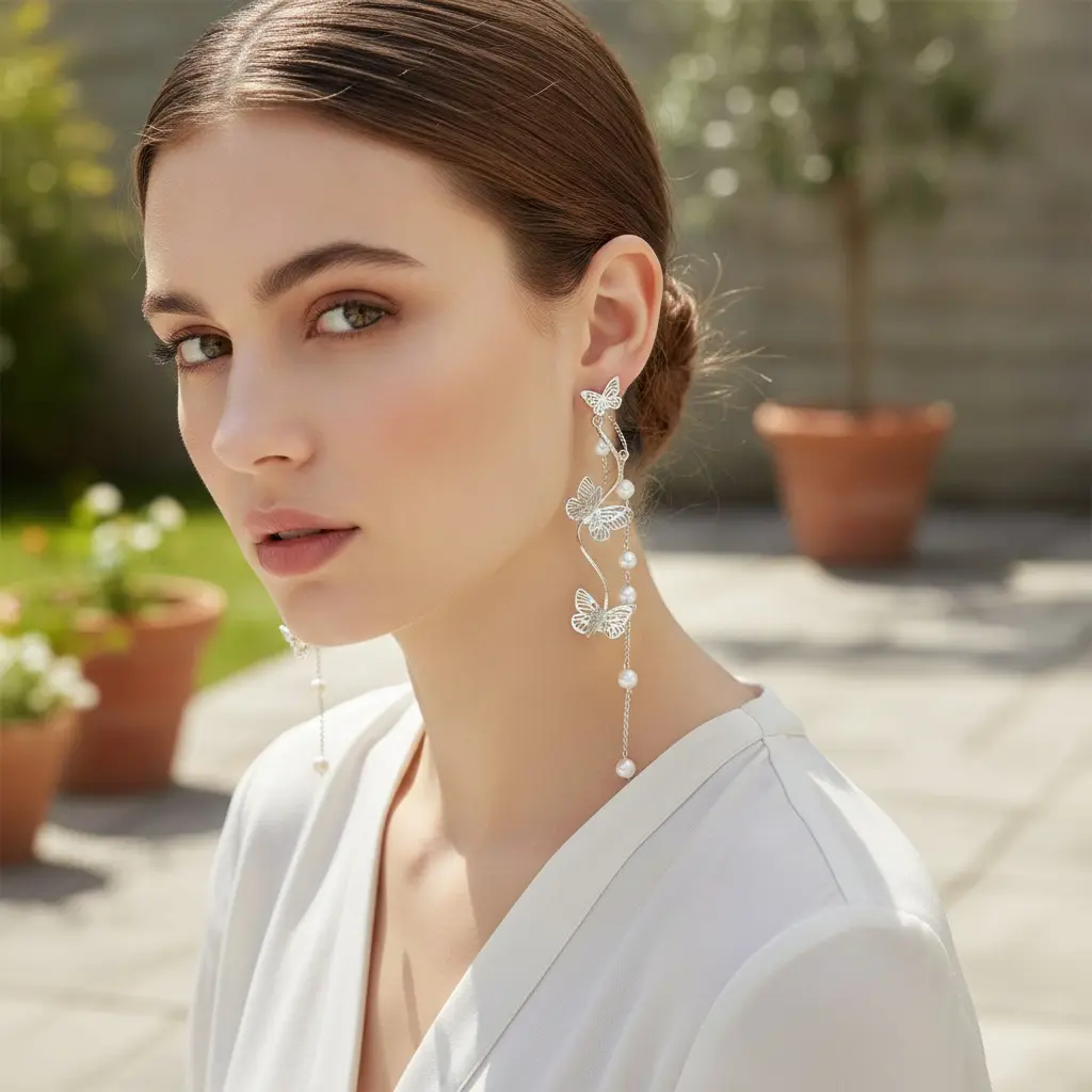 Silver Cascading Butterfly Pearl Chain Stud Earring — view 2