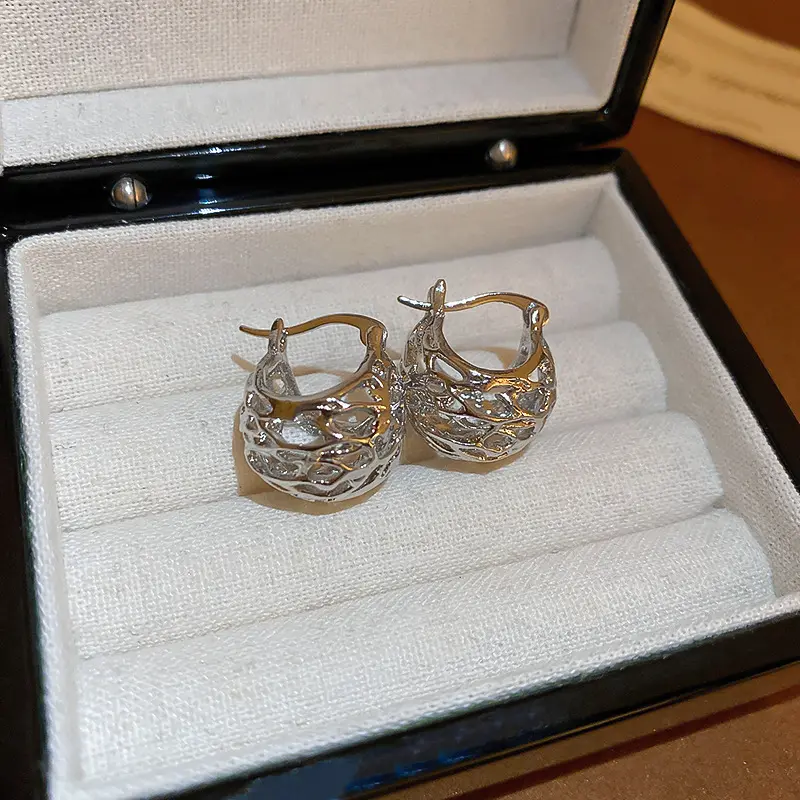 Silver Lattice Dome Huggie Hoop Earring — front view