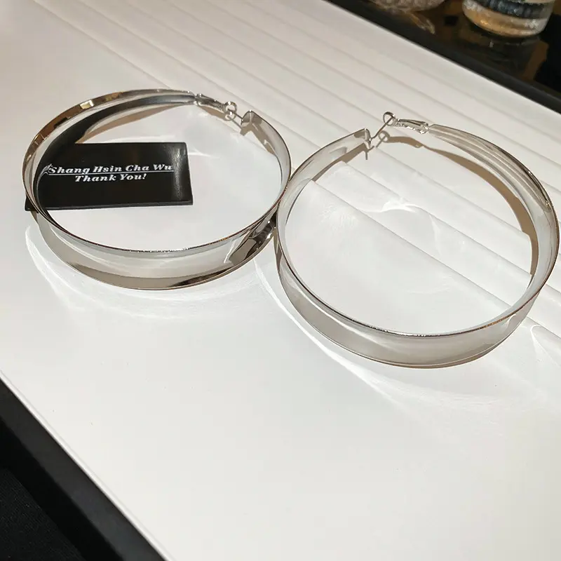 Silver Oversized Flat Circle Hoop Earring — front view