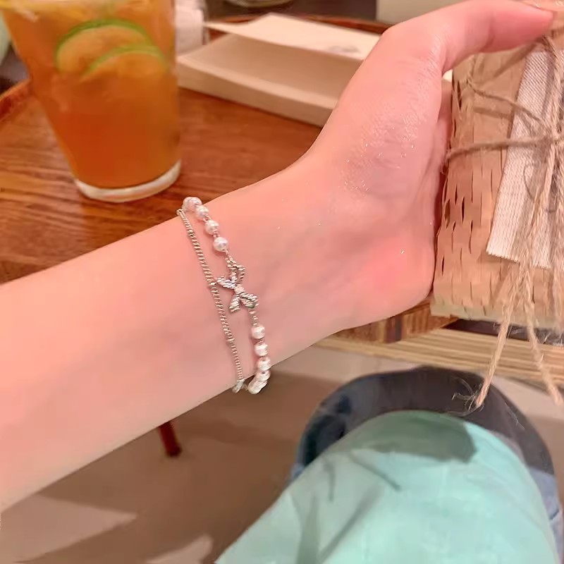 Silver Double Layer Pearl Bow Layered Bracelet
