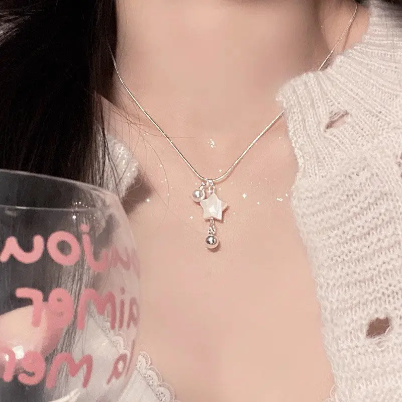 Silver Shell Star Pearl Drop Pendant Necklace — front view