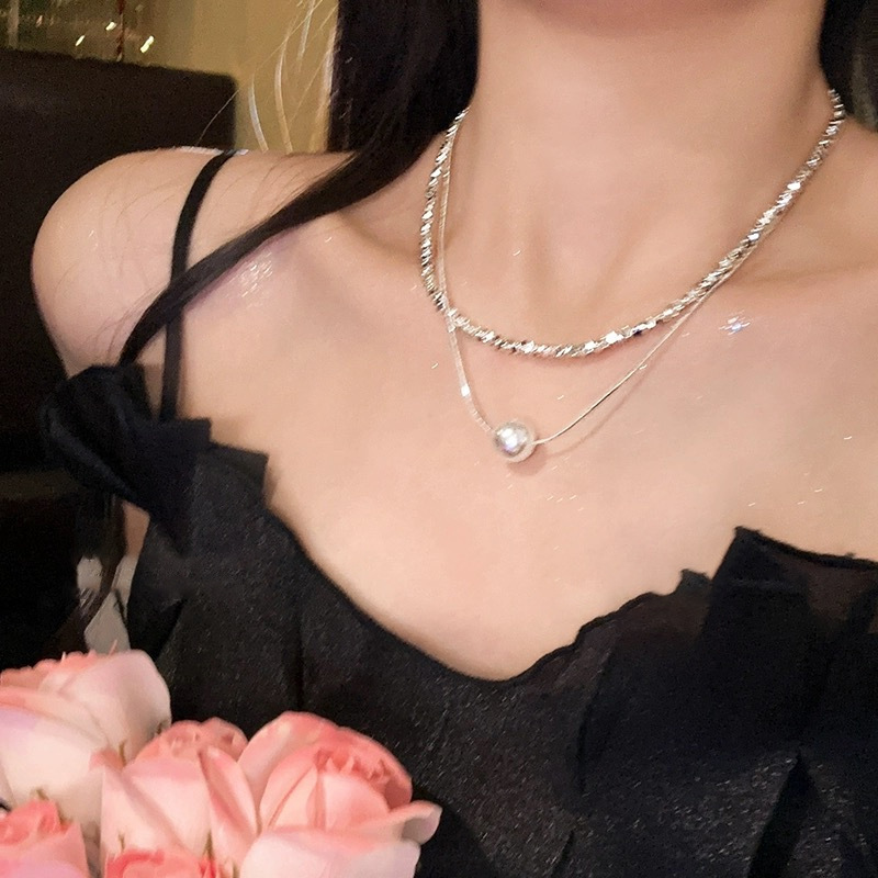 Silver Crushed Pearl Double Layer Chain Necklace