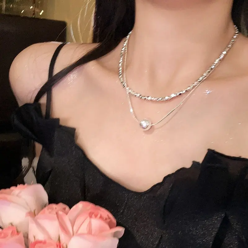 Silver Crushed Pearl Double Layer Chain Necklace — front view