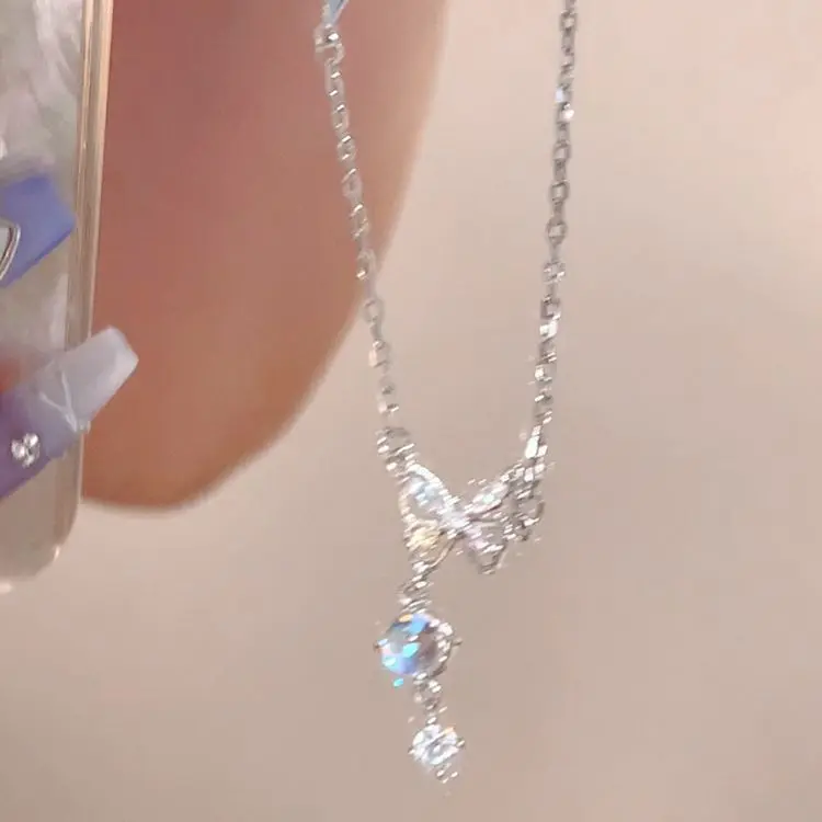 Silver Crystal Butterfly CZ Drop Pendant Necklace — front view
