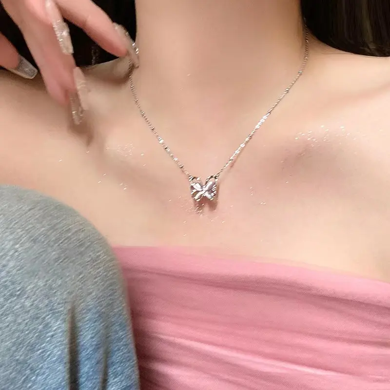 Silver Pink Butterfly Charm Pendant Necklace — front view