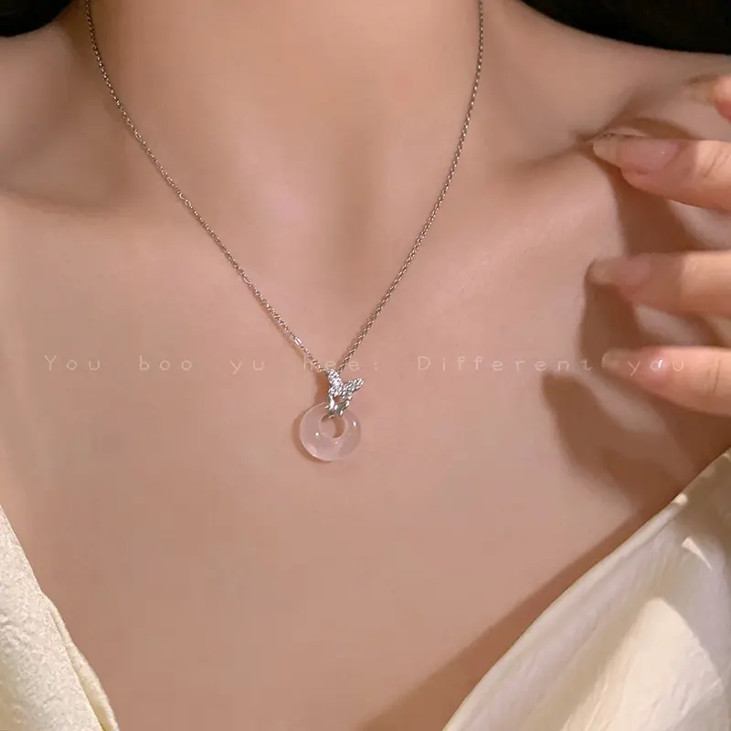 Silver Butterfly Pink Peace Buckle Necklace — front view