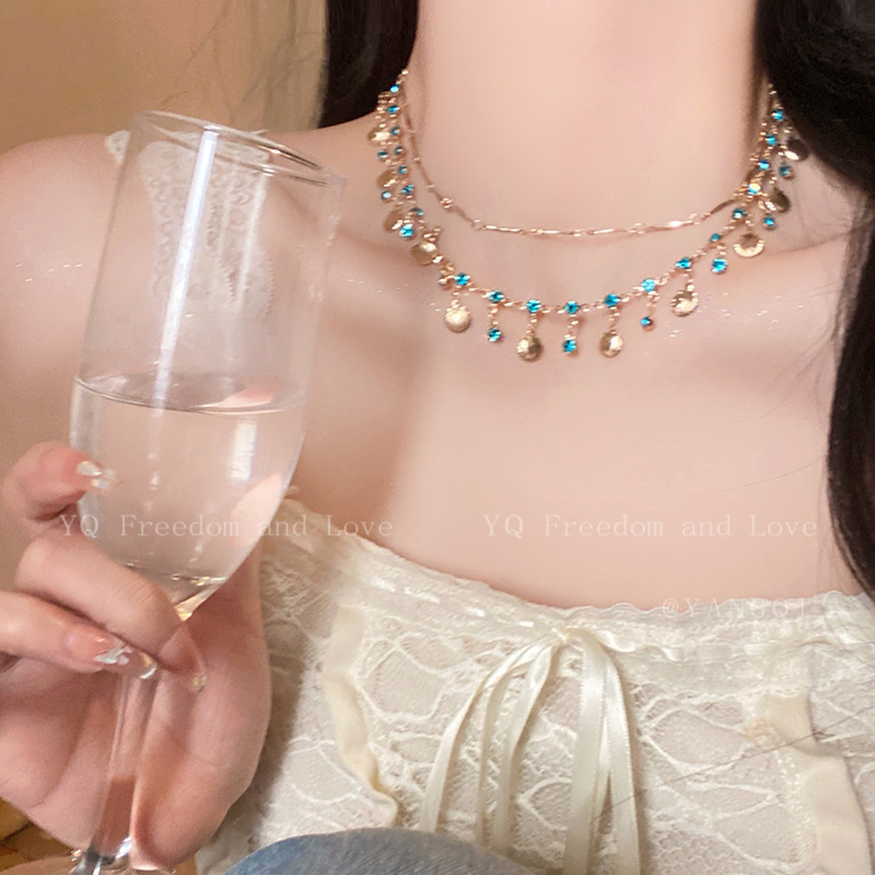 Gold Blue Crystal Fringe Layered Necklace