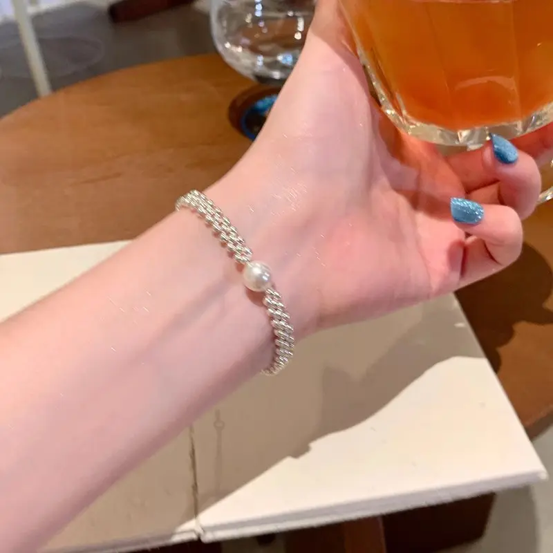 Silver Woven Pearl Accent Beaded Bracelet — Bracelet pearls from Mowey Studio