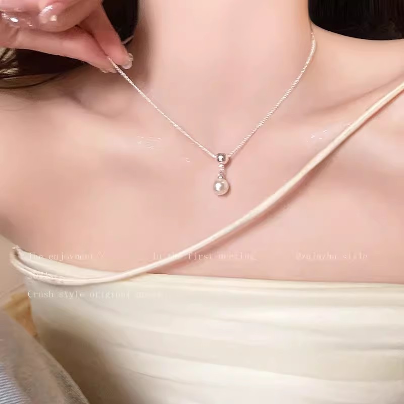 Silver Single Pearl Drop Snake Chain Necklace
