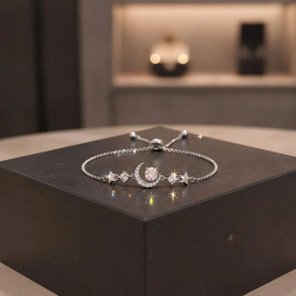 Silver Zircon Star Moon Crescent Chain Bracelet — view 2
