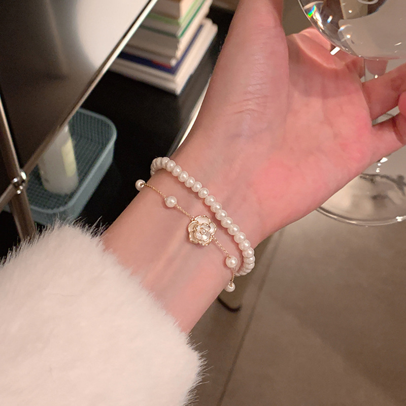 Gold Camellia Pearl Layered Bracelet