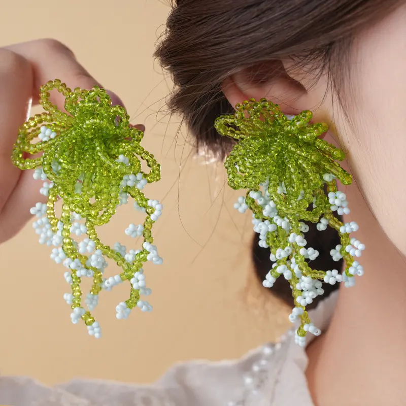 Fern Bow & Ice Berry Seed Bead Drop Earring — Earring tassels from Mowey Studio