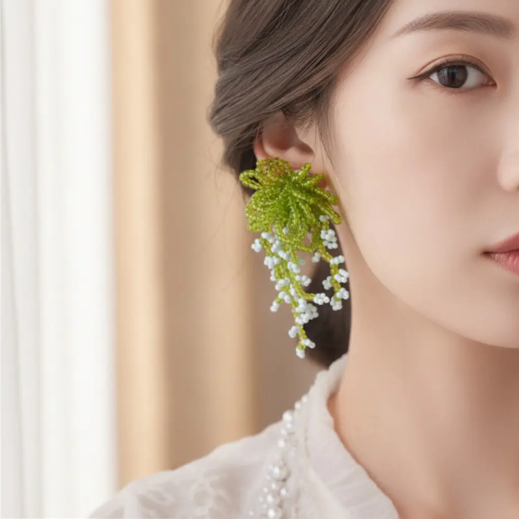 Fern Bow & Ice Berry Seed Bead Drop Earring — view 2