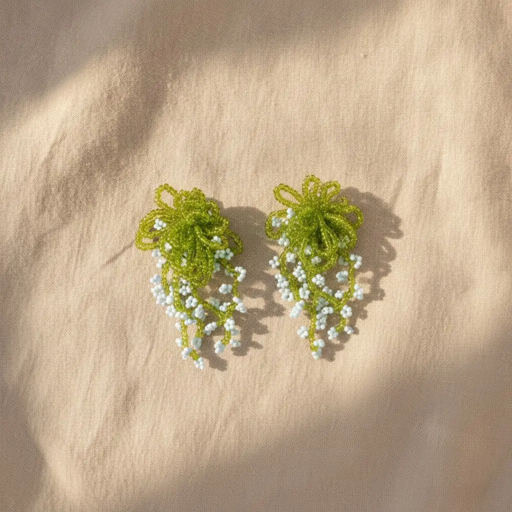 Fern Bow & Ice Berry Seed Bead Drop Earring — view 3