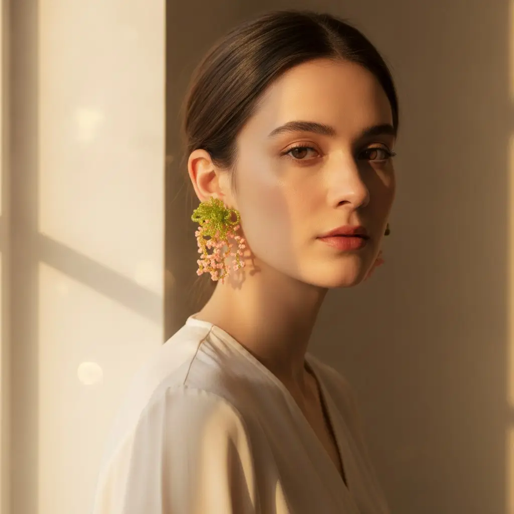 Olive Bow & Blush Berry Seed Bead Drop Earring — view 2