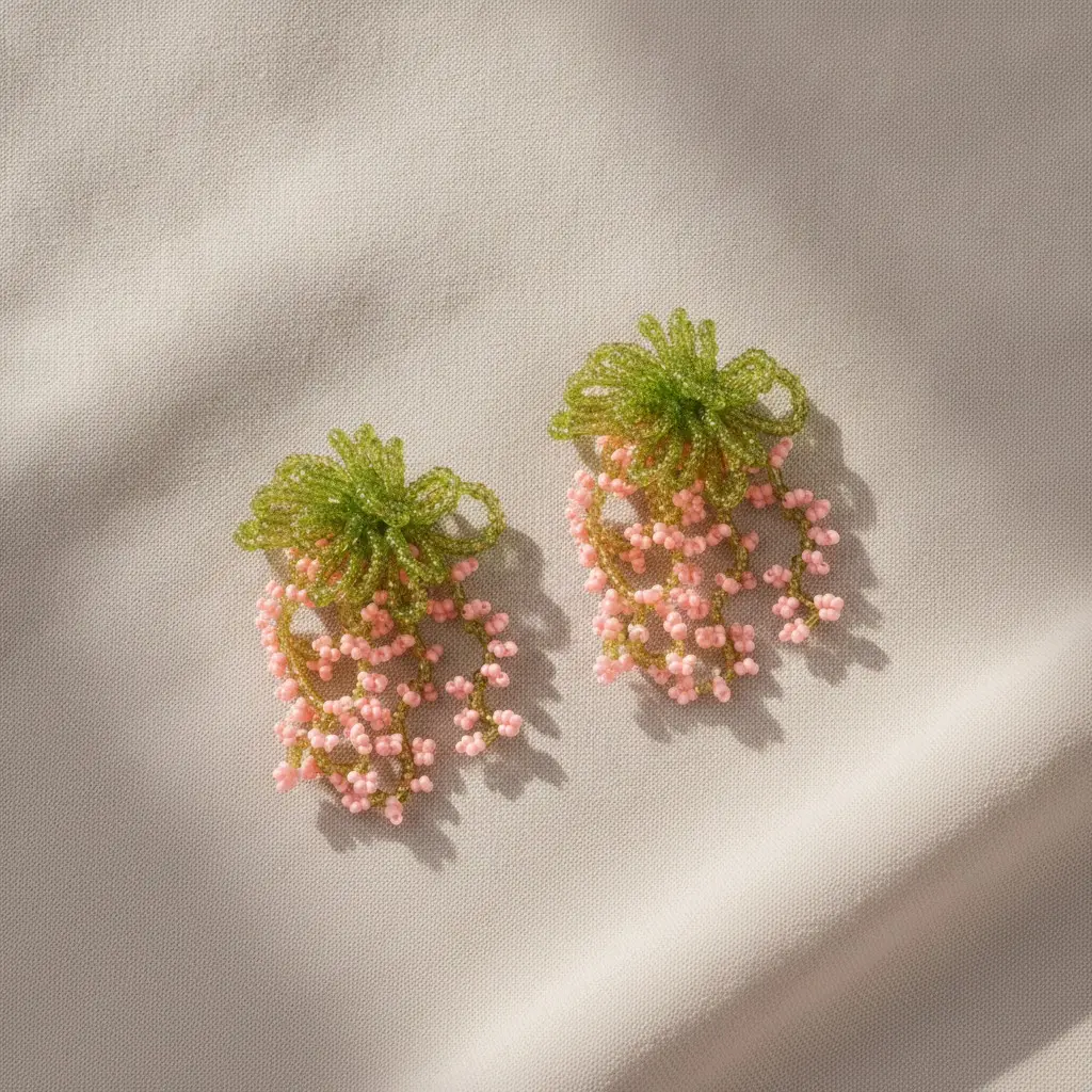 Olive Bow & Blush Berry Seed Bead Drop Earring — view 3