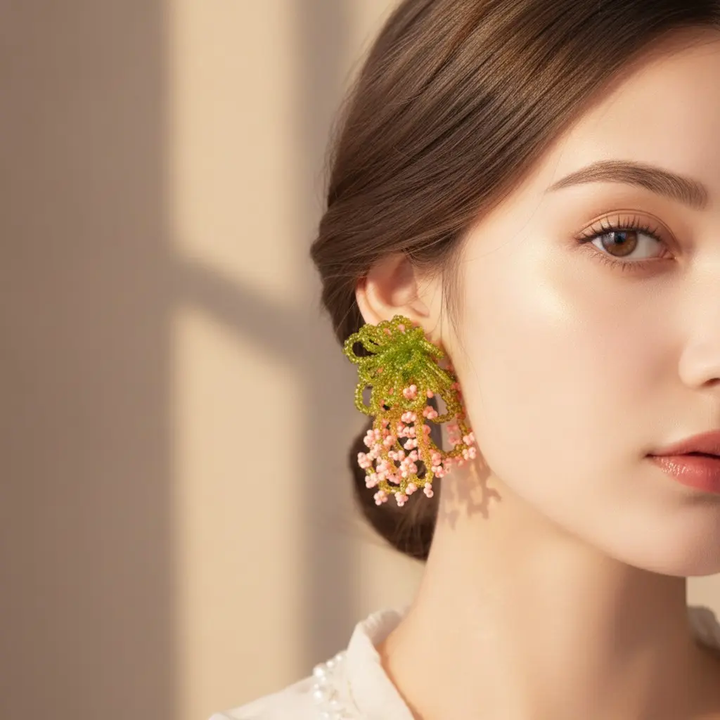 Olive Bow & Blush Berry Seed Bead Drop Earring — view 4