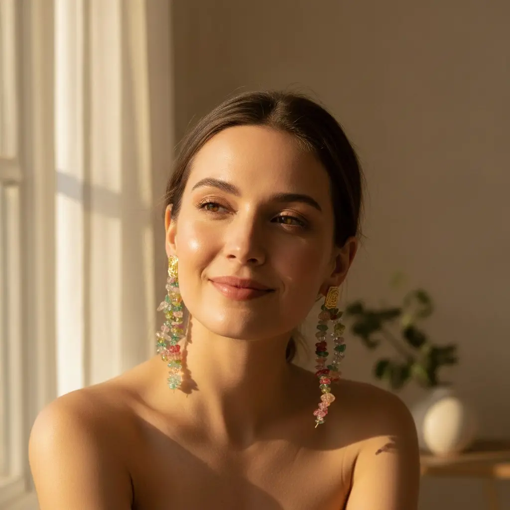 Candy Chip Stone & Gold Spiral Drop Earring — view 3