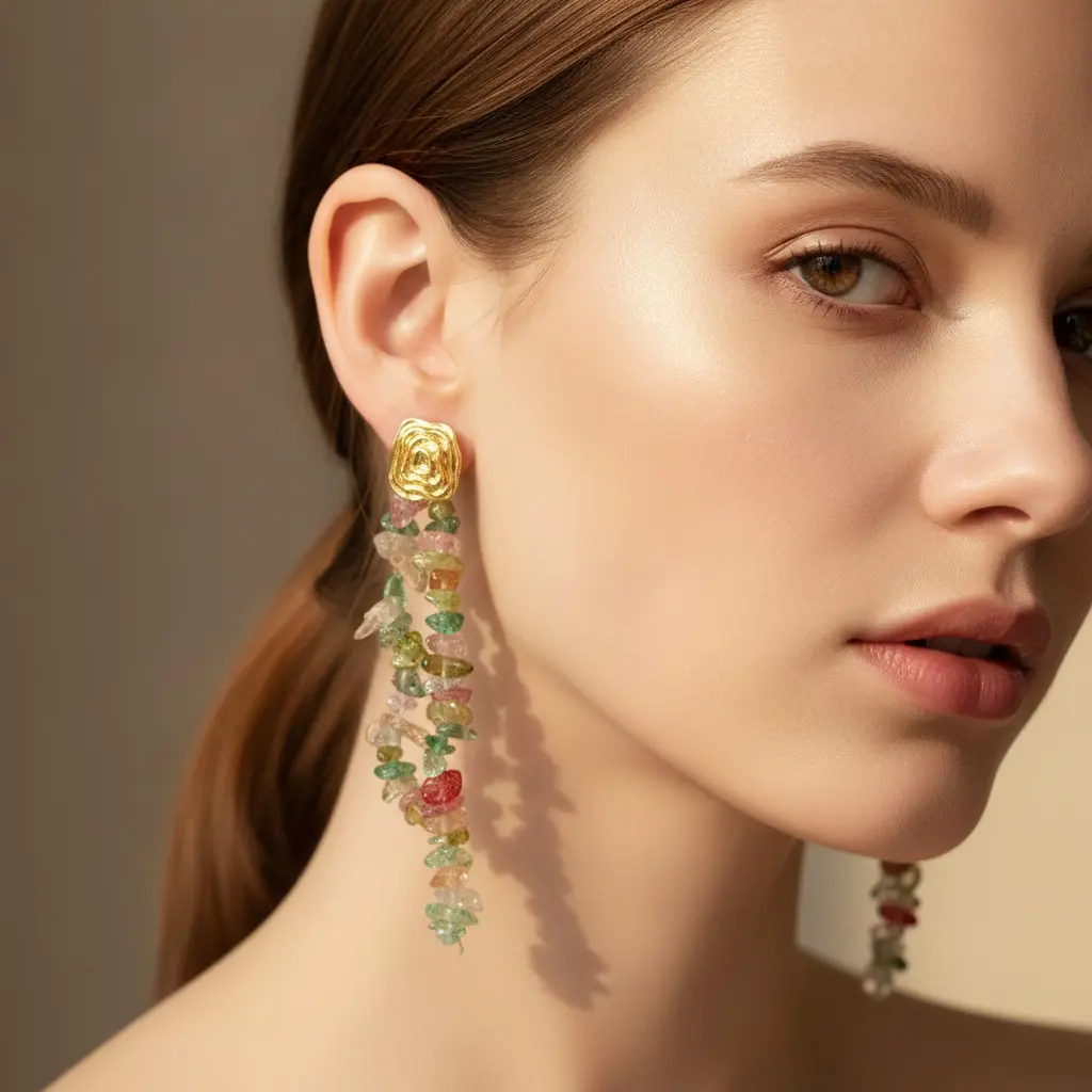 Candy Chip Stone & Gold Spiral Drop Earring — view 4