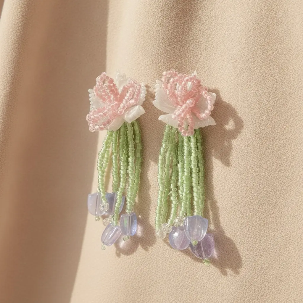Pink Bow & Violet Tulip Bead Drop Earring — view 2