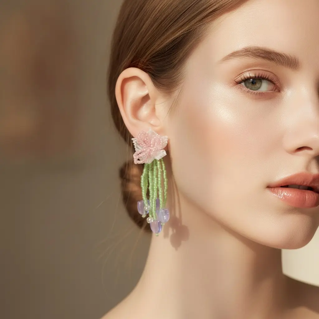 Pink Bow & Violet Tulip Bead Drop Earring — view 3