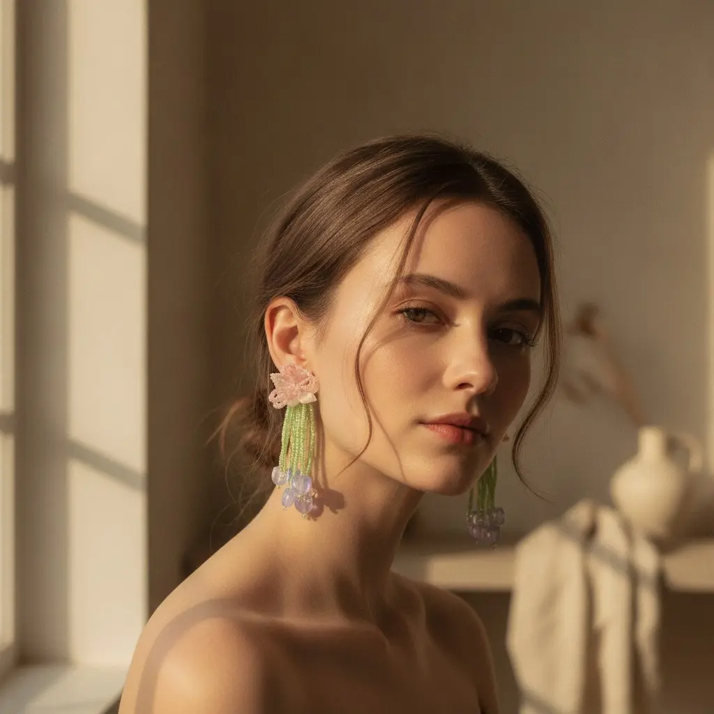 Pink Bow & Violet Tulip Bead Drop Earring — view 4