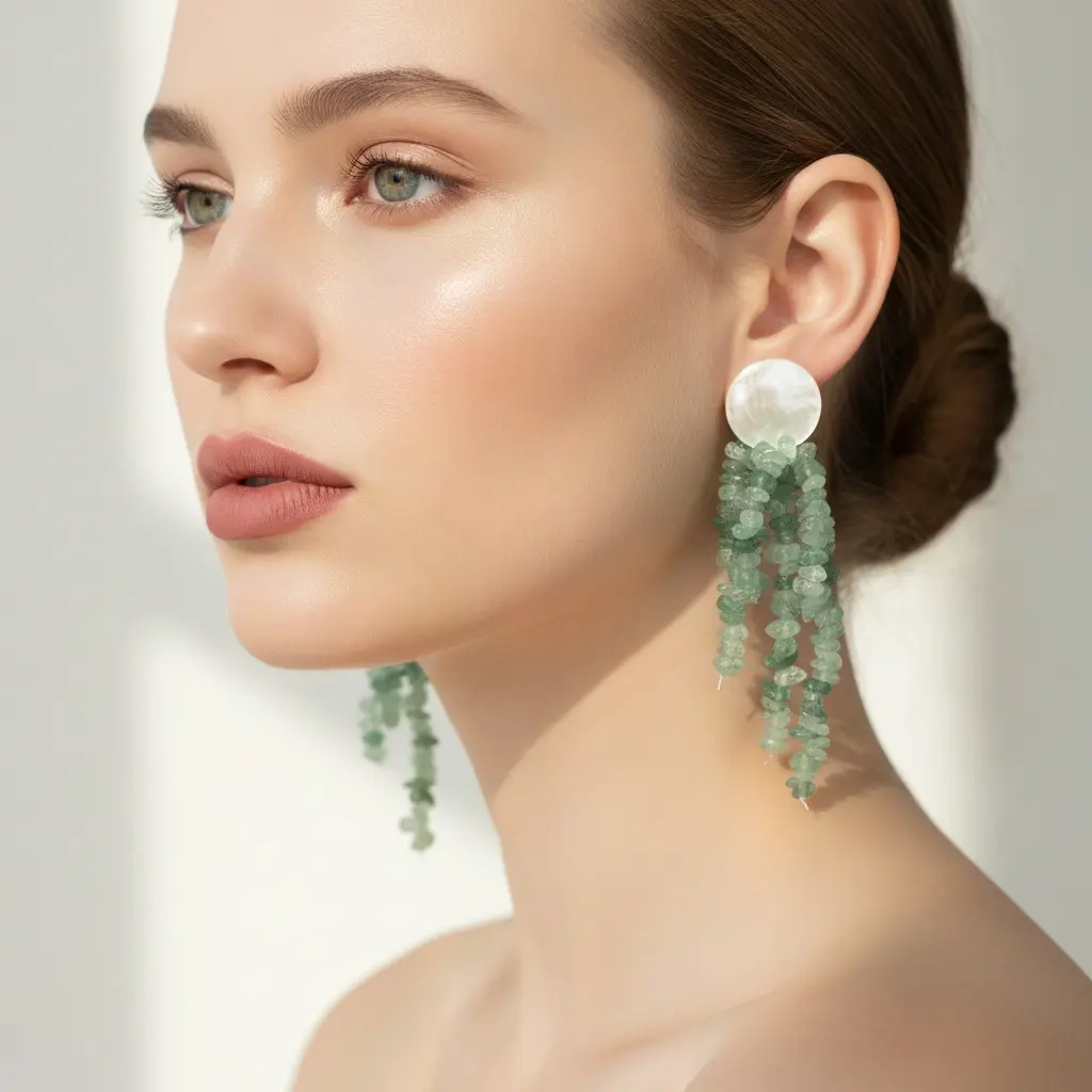 Moonstone & Jade Chip Cascade Drop Earring — view 4