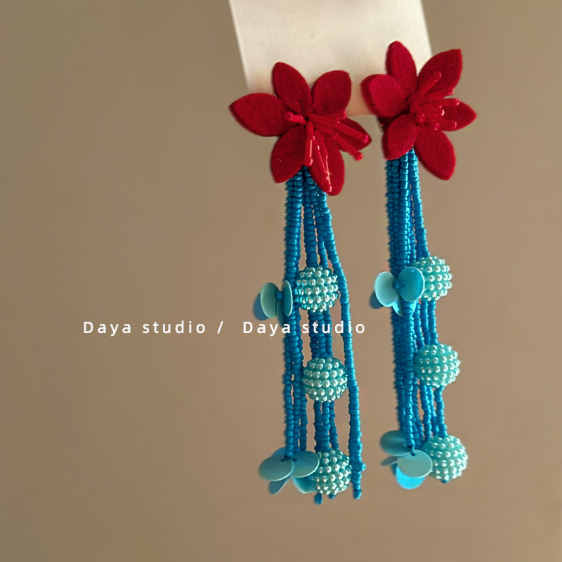 Crimson Felt Bloom & Teal Bead Drop Earring
