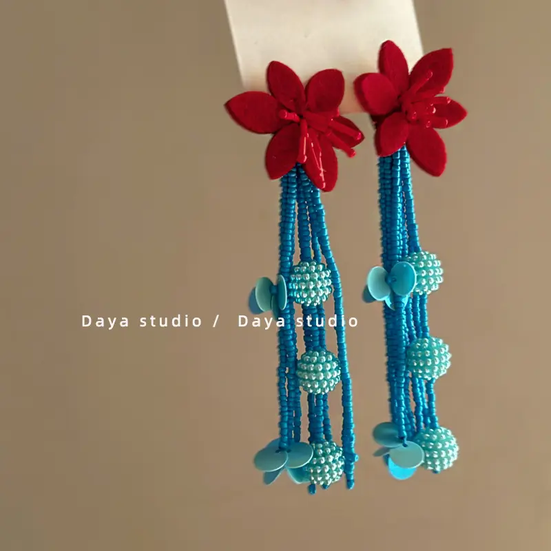 Crimson Felt Bloom & Teal Bead Drop Earring — Earring tassels from Mowey Studio
