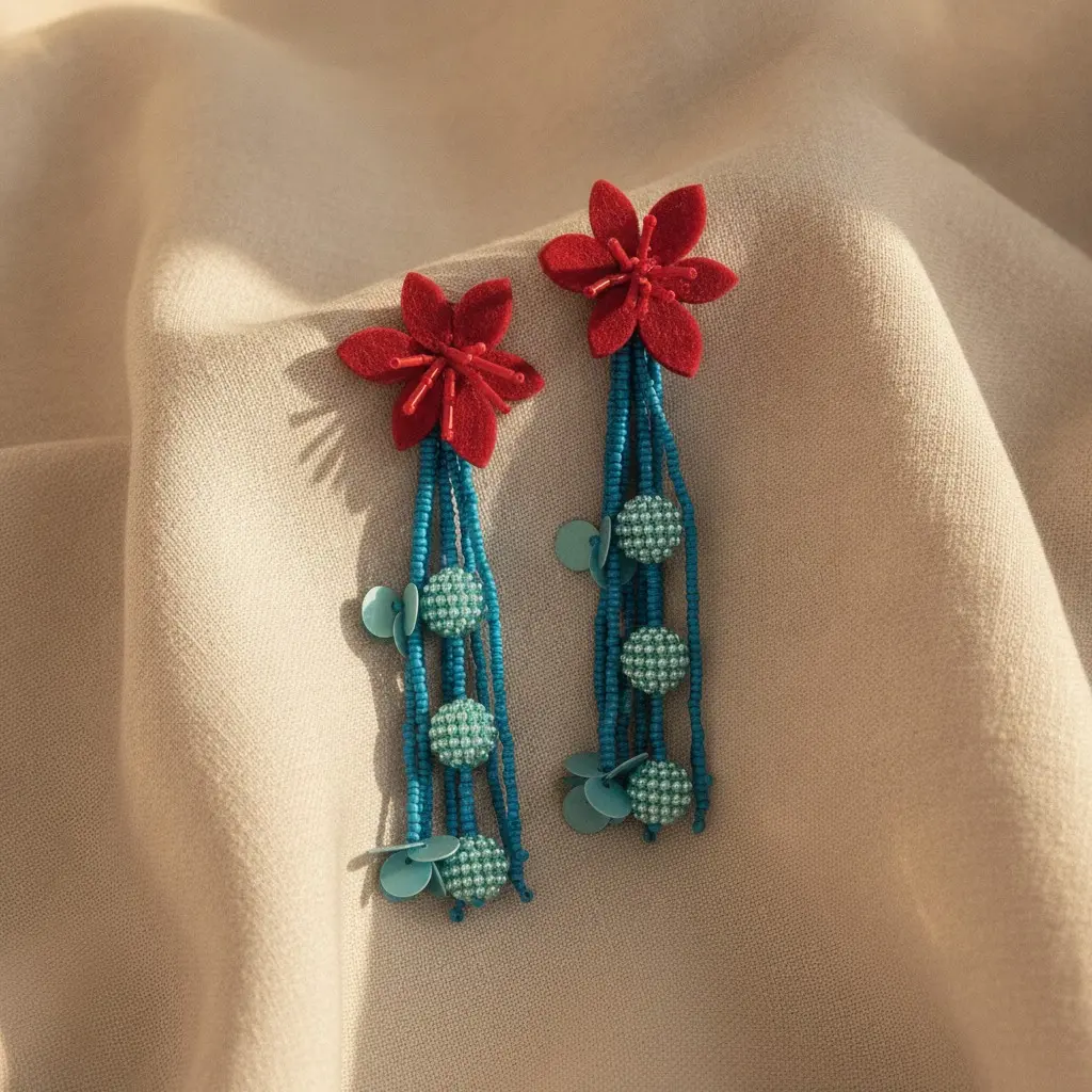 Crimson Felt Bloom & Teal Bead Drop Earring — view 2