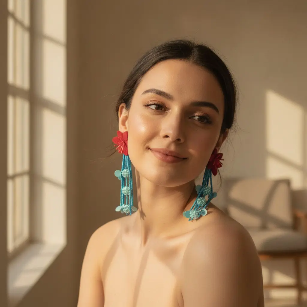 Crimson Felt Bloom & Teal Bead Drop Earring — view 3