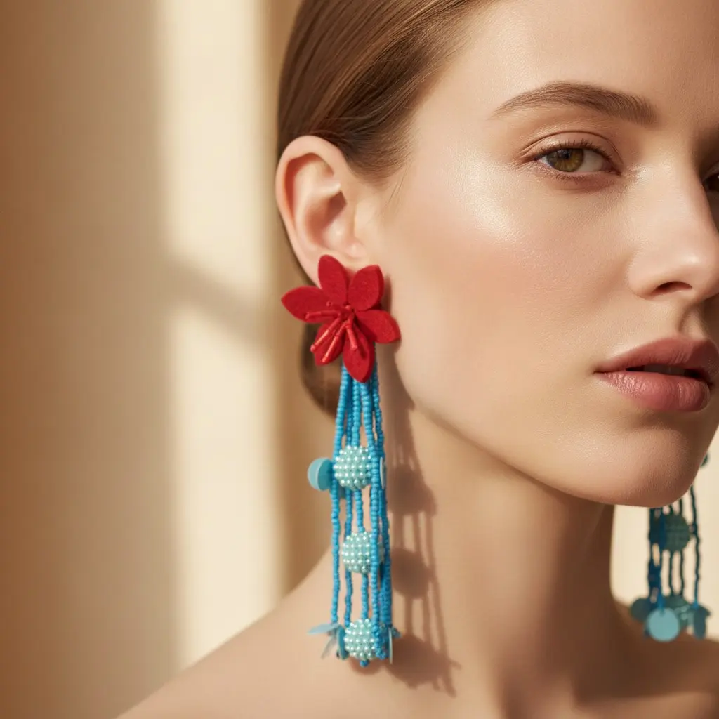 Crimson Felt Bloom & Teal Bead Drop Earring — view 4