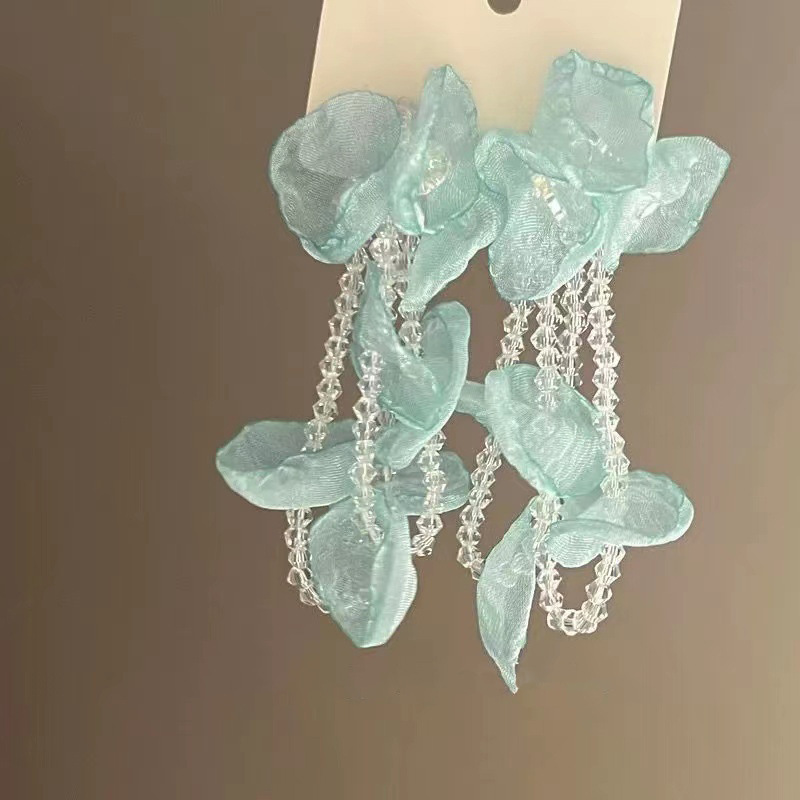 Aqua Organza Petal & Crystal Chain Drop Earring