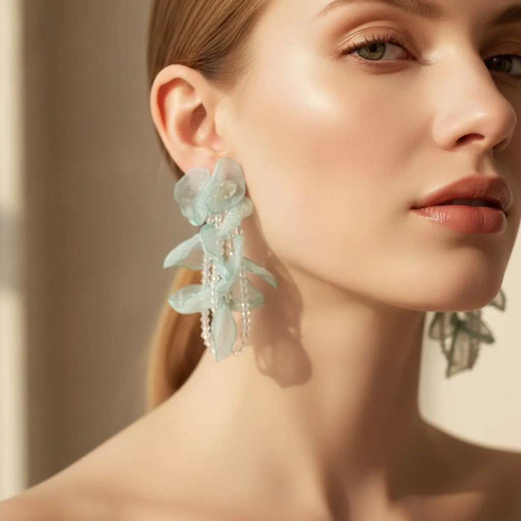 Aqua Organza Petal & Crystal Chain Drop Earring — view 2