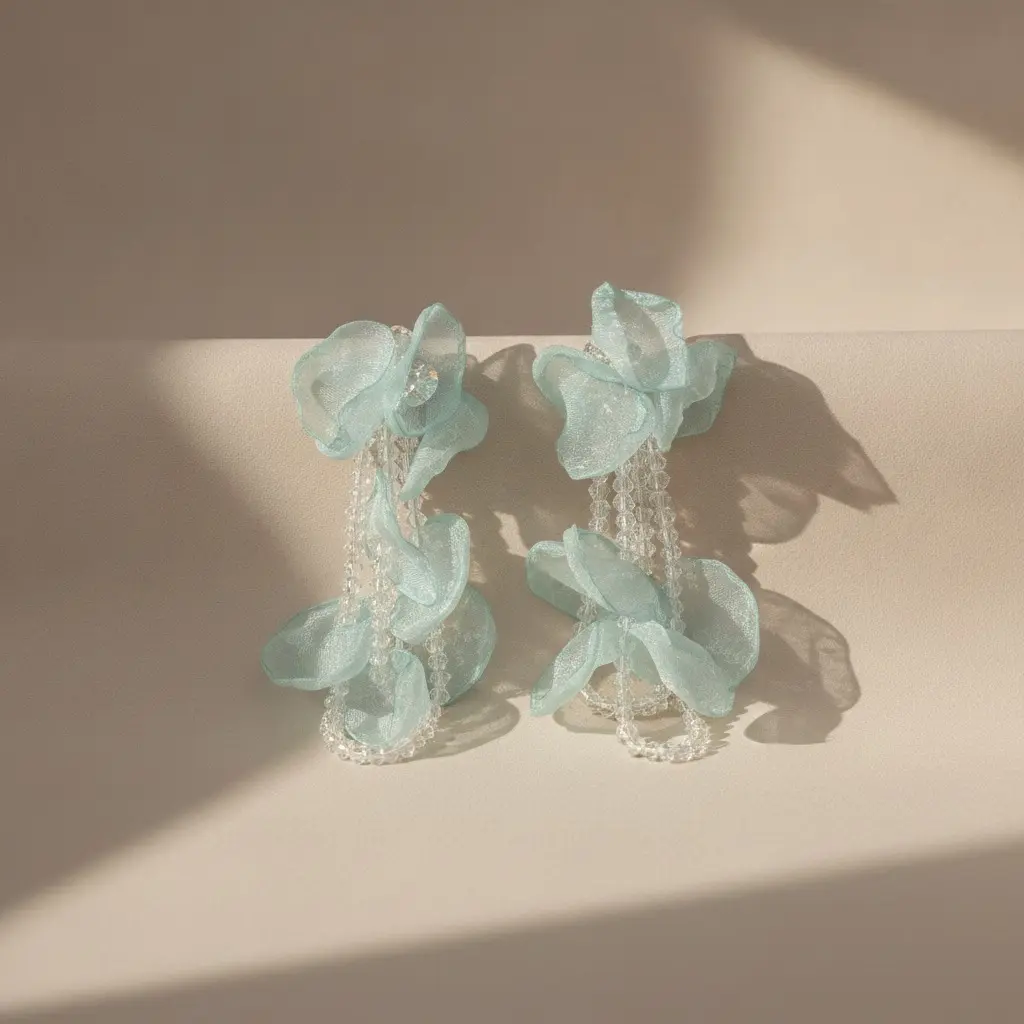 Aqua Organza Petal & Crystal Chain Drop Earring — view 3