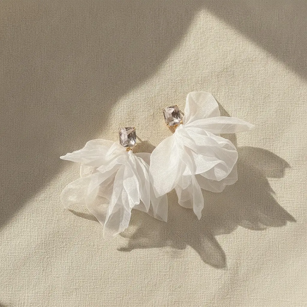 Sheer Ivory Organza & Crystal Drop Earring — view 2