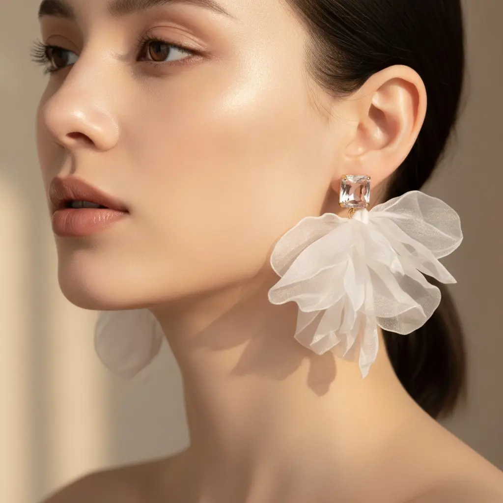 Sheer Ivory Organza & Crystal Drop Earring — view 3