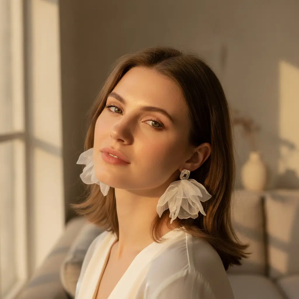 Sheer Ivory Organza & Crystal Drop Earring — view 4